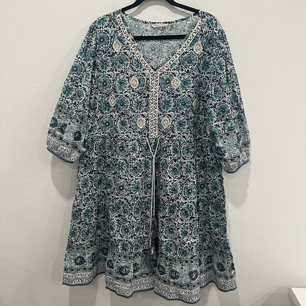 Soft Surroundings Nerissa Dress Sz XL Embroidered Blue Print Beach Boho Party - Picture 2 of 9